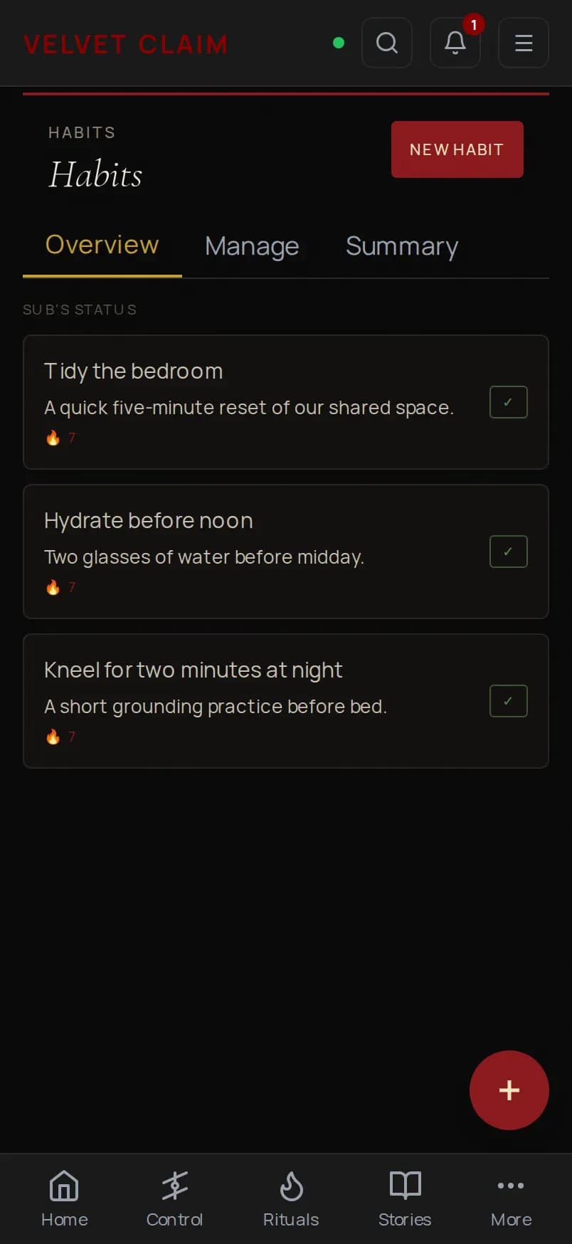The Velvet Claim habits screen on a phone, showing a list of recurring habits with streak counters.